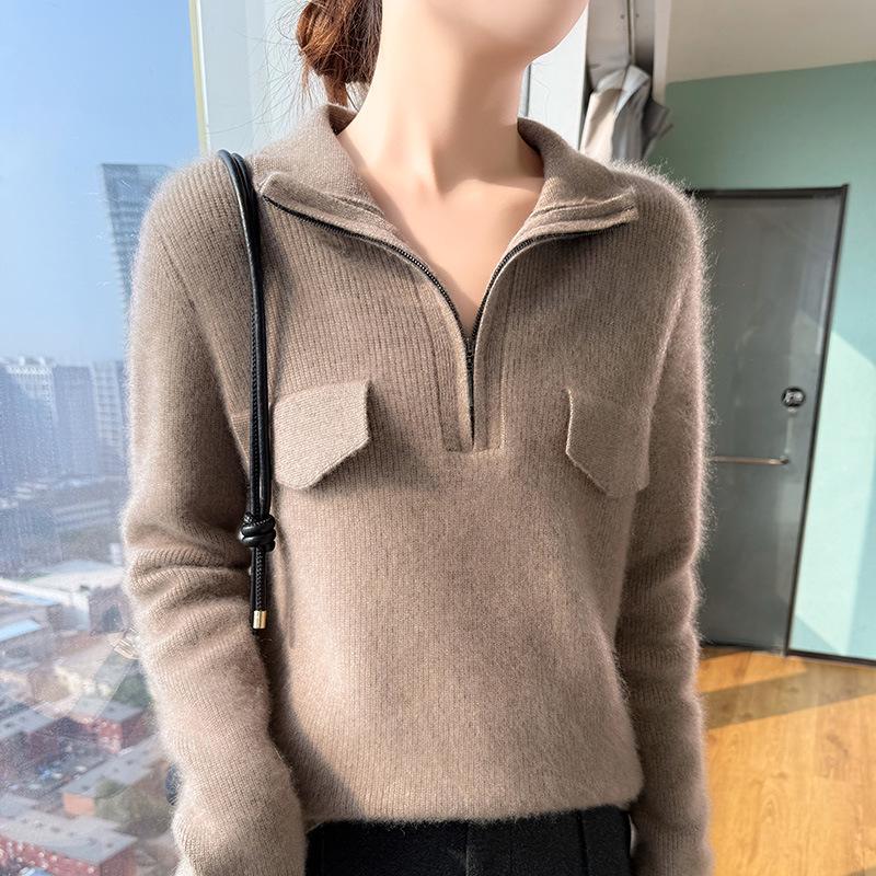 Women's Pure Wool Rib Knit Half Zip Sweater - Autumn/Winter Collection