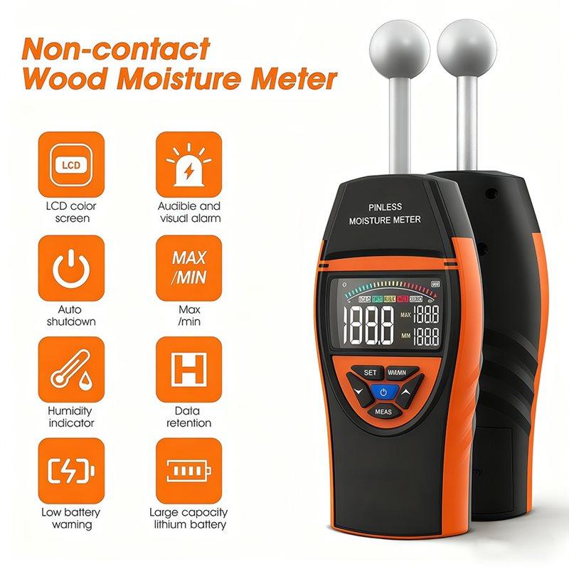 ABBP-Pinless Moisture Meter With Spherical Humidity Sensor, Color LCD Screen & Alarm Function, Measurement Depth For Wood
