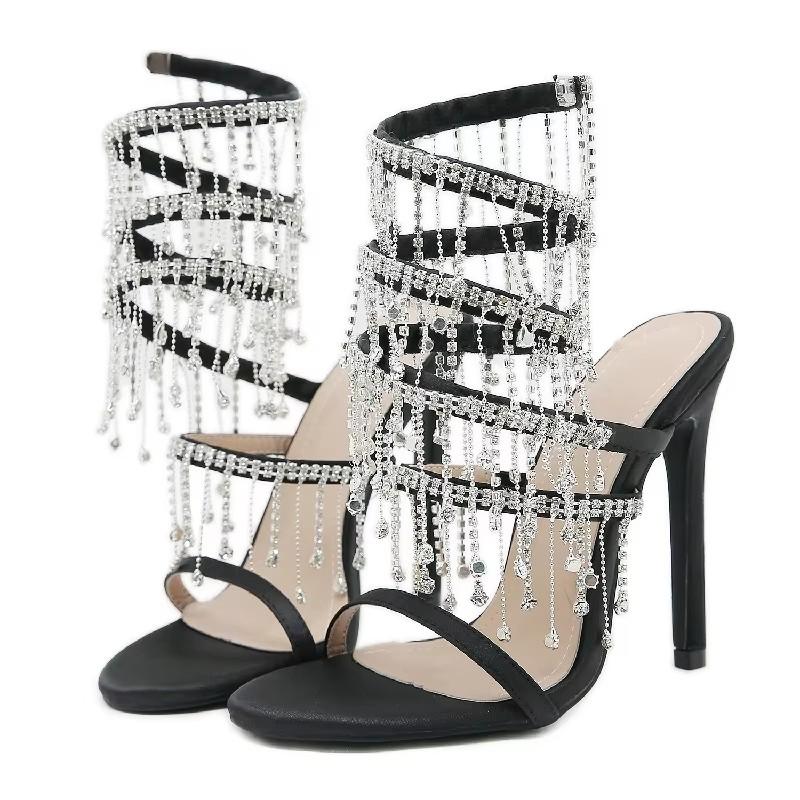 Fashion Eilyken Summer Fashion Peep Toe Rhinestone Golden Crystal Sandals String Bead Night Club Stiletto Heel Wrap Strap Women's Shoes