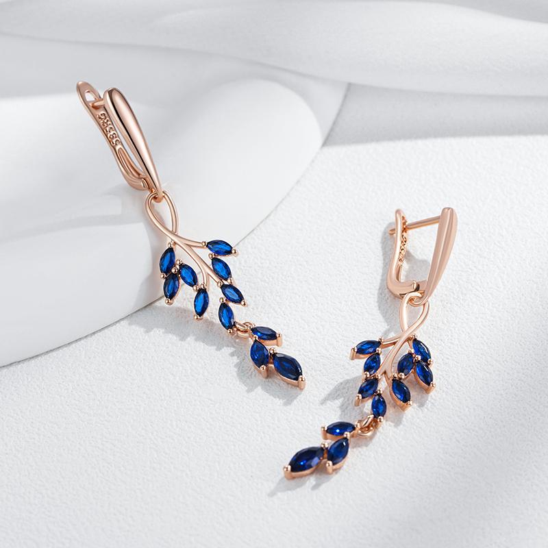 Full Blue Natural Zircon Leaf Shape Long Dangle Earrings For Women Fashion  Rose Gold Color High Quality Daily Jewelry