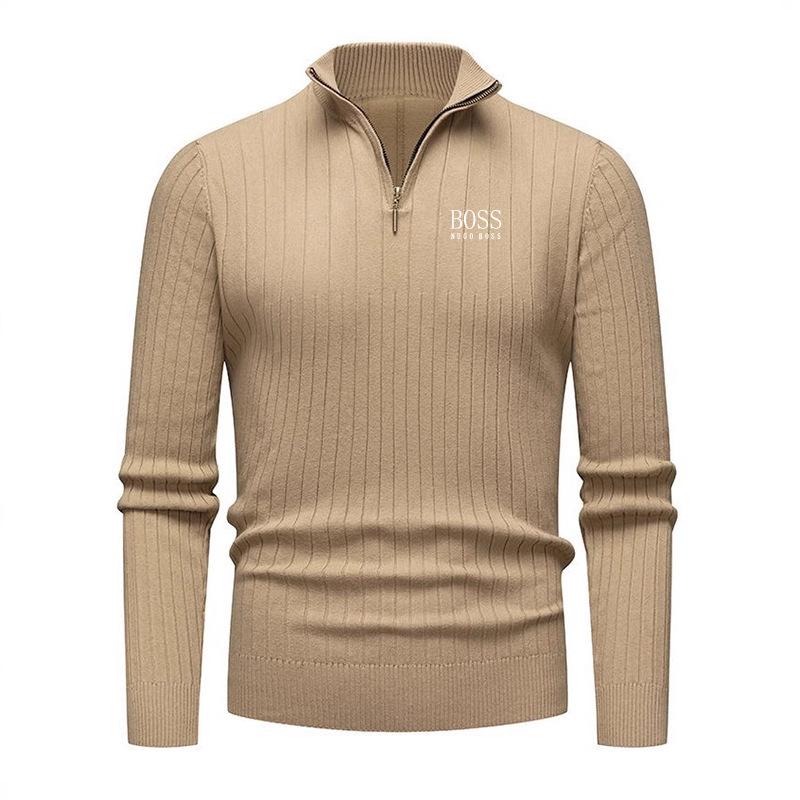 Herrstickad tröja med halv dragkedja och uppstående krage, broderad - Höst/Vinter, vertikala ränder