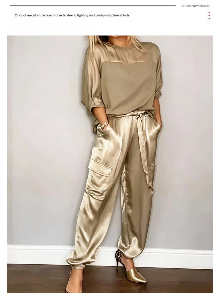 Women's Two Piece Set - Sleeveless Top & Pants, Solid Color Loose Casual Smooth Satin Pocketed Fashion Outfit
