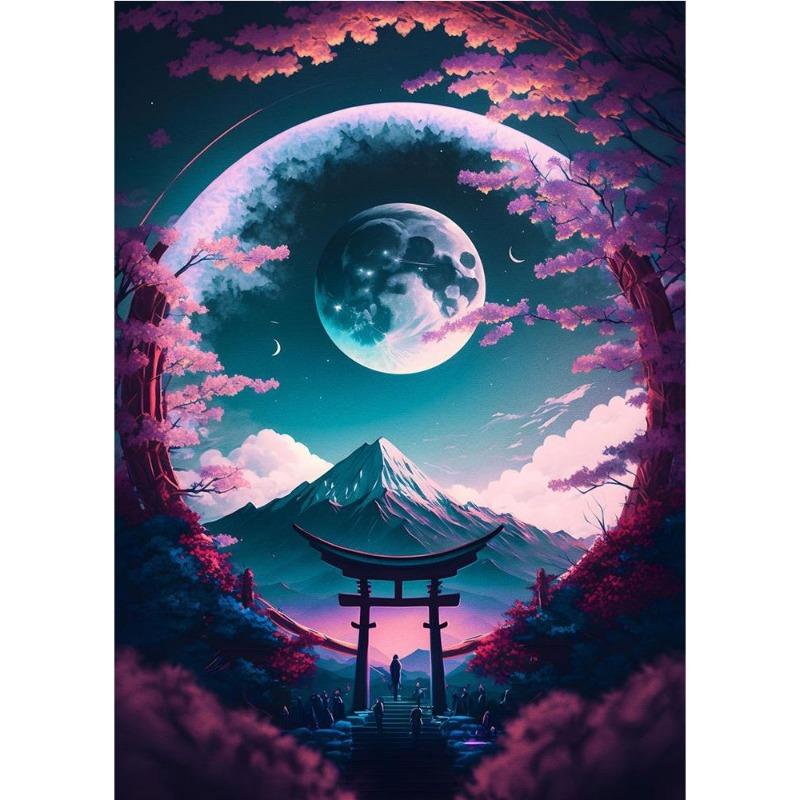 Japanese cherry color koi, fish, moonlake, magic art poster, canvas, painting, Japanese landscape, wall art for living room, home decor