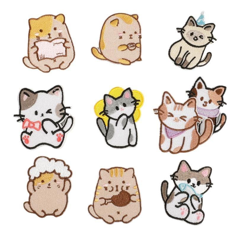F26C 10 Pcs Embroidered Patches Animal Applique Patches Cartoon Cats Iron on Patches