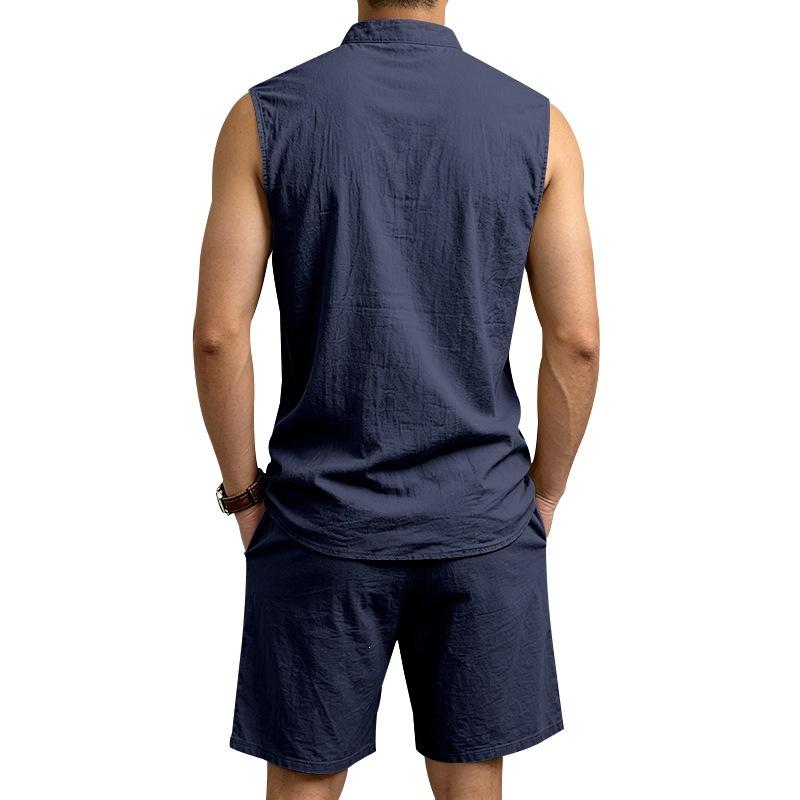 Men Solid Linen 2 Piece Outfit Mandarin Collar Lace Up Sleeveless Tank Drawstring Shorts Beach Set