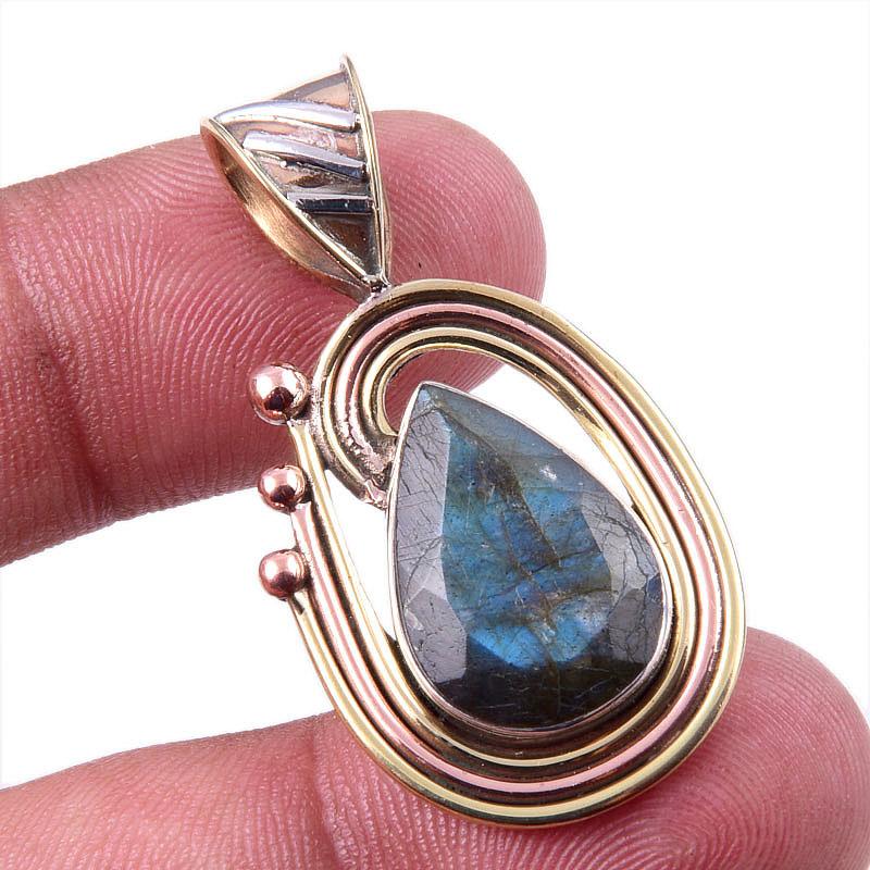 Natural Labradorite 925 Solid Sterling Silver Jewelry TwoTone Pendant 1.50" Q0N98