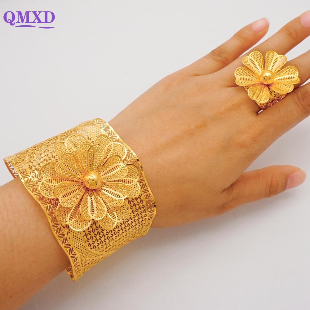 Dubai Gold Color Bangle With Ring For Women Charm Chain Cuff Bracelet Indian Bracelet Arabic France Bridal Wedding Jewelry Gifts