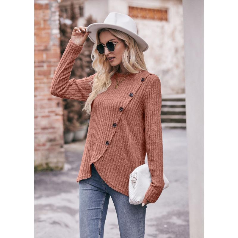 YYFS Damenmode, lässig, Frühling, Herbst, einfarbig, bedruckt, langärmelig, O-Ausschnitt, Blusen und Hemden