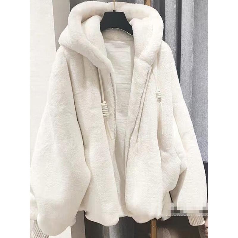 Winter Women's Loose Hooded Cotton Thickened Medium and Long Imitation Rose Rabbit Fur Jacket Imitation Fur Coat Sweater