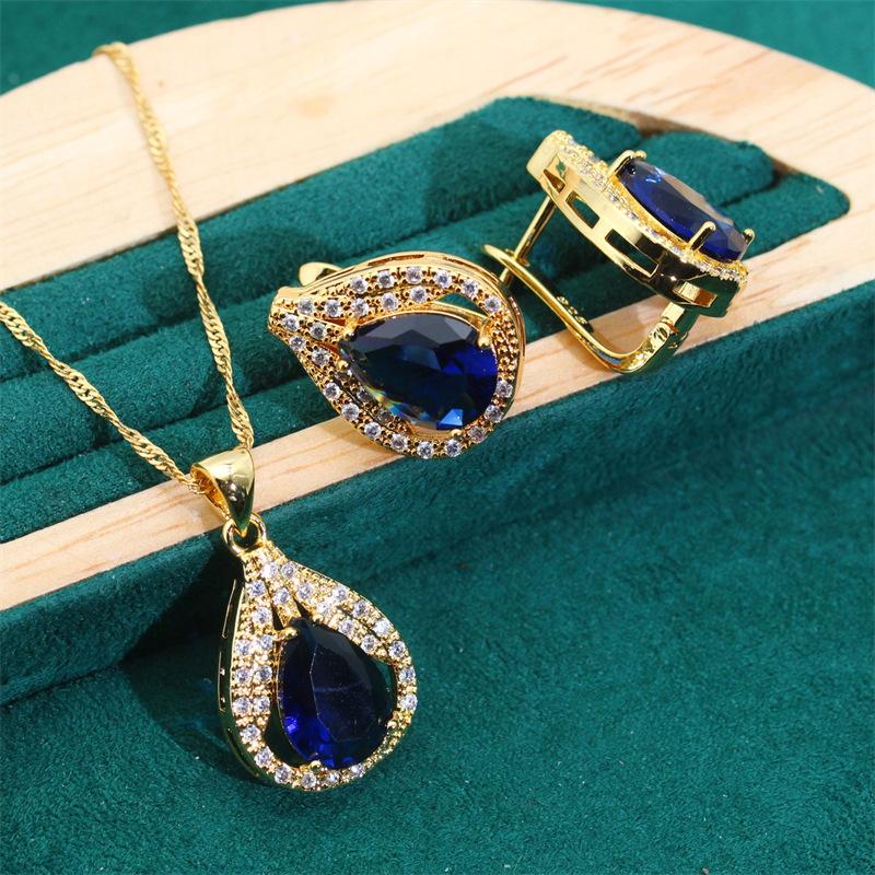 Diamond-studded Zircon Lady Jewelry Set European and N Style Jewelry Necklace Gemstone Set Earrings Retro Blue Set