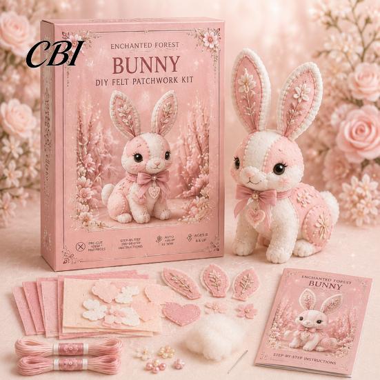 Handmade Gift Idea Pink Animals Patchwork Kit, DIY Felt Woodland Friends Sewing Project, 3D Cute Creative Hobby Kit Art Craft for Beginners Home Decor