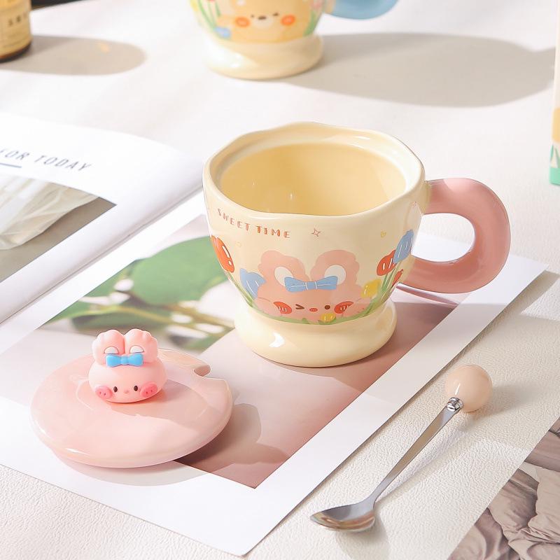 Adorable Rabbit & Bear Ceramic Mug with Lid and Spoon - Perfect for Home or Office