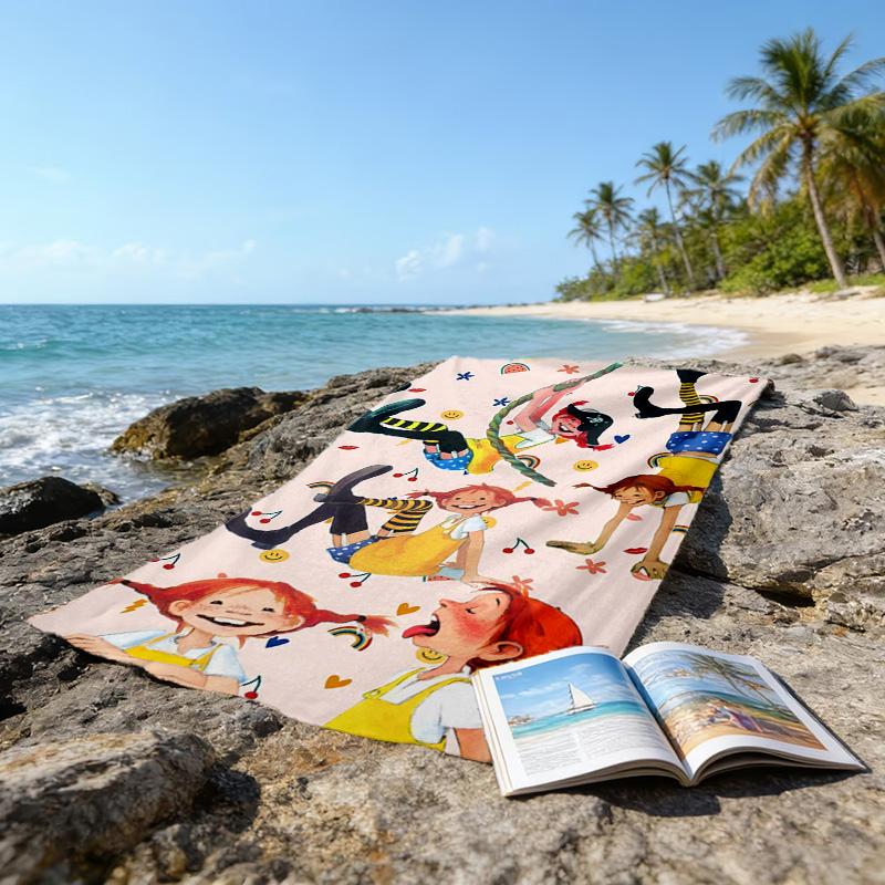 1pc Pippi Longstocking1 Beach Towel, Beach and Seaside Swimming Pool Equipment, Fashion Pattern, Rectangular, Travel Essentials