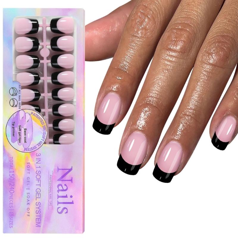 150Pcs Black French Tip Gel Nail Tips Short Coffin Shape Press on Nails Short for Women False Nails 15 Sizes