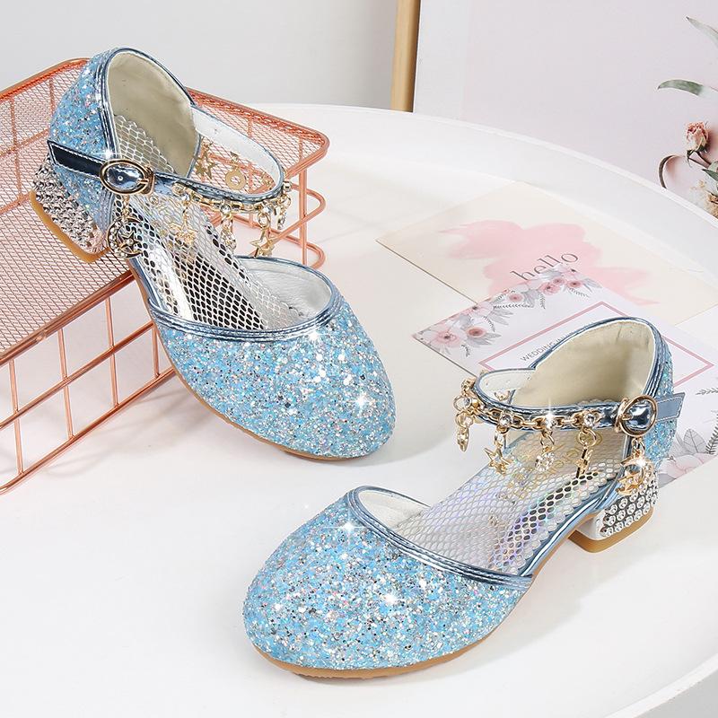 Summer New Fashion Girls' Leather Shoes, Princess Shoes, Children's Crystal Shoes, Soft-soled High-heeled Shoes for Little Girls' Runway Performances