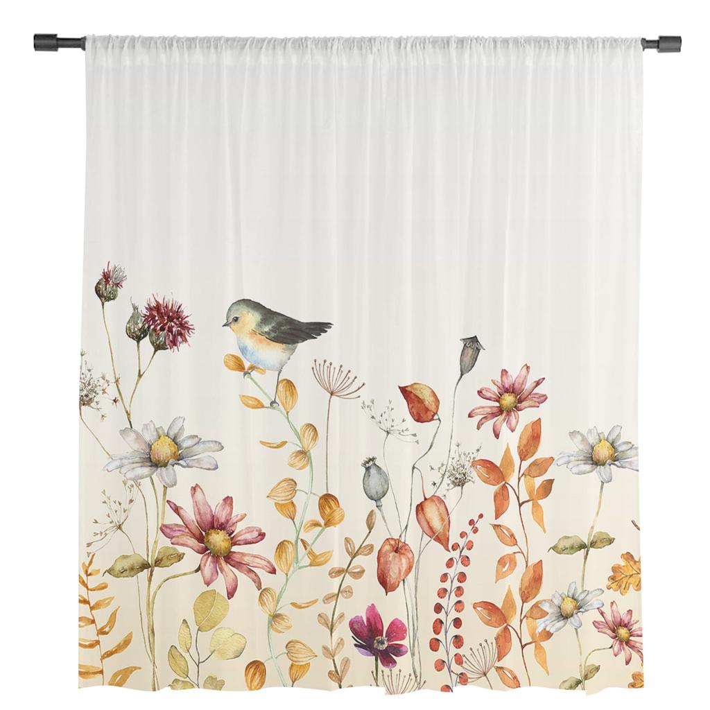 Høstplante Villblomst Tusenfryd Fugl Tyll Vindusgardin Skjær Kapper Gardiner For Stue Hjemmedekorasjon Draperingspanel