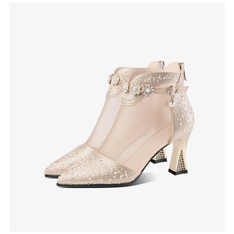 

Модные остроносые сетчатые туфли на тонком высоком каблуке, крутые ботильоны с задней молнией, дышащие модные сандалии женские элс 42 золотой