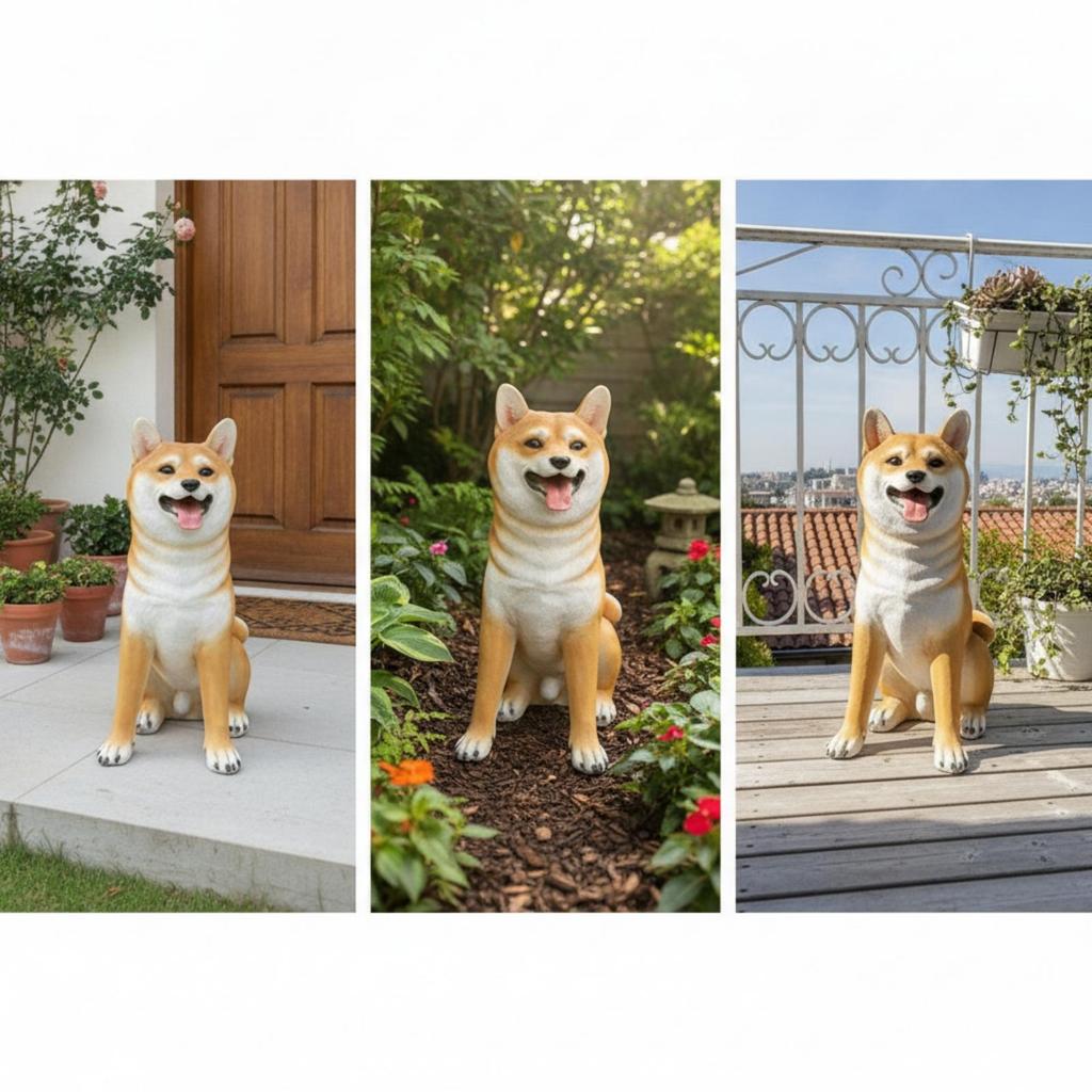TanandWhite Dog Statue Fiberglass Akita Outdoor Canine Sculpture with Basket for Entryway