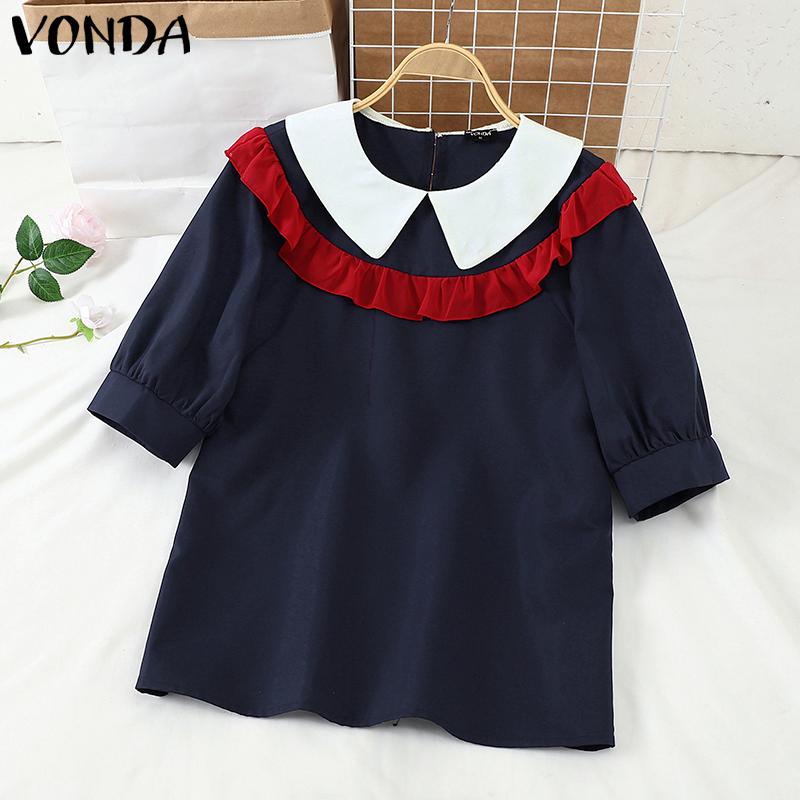 VONDA Women Summer Lapel Short Sleeve Ruffled Contrast Blouses