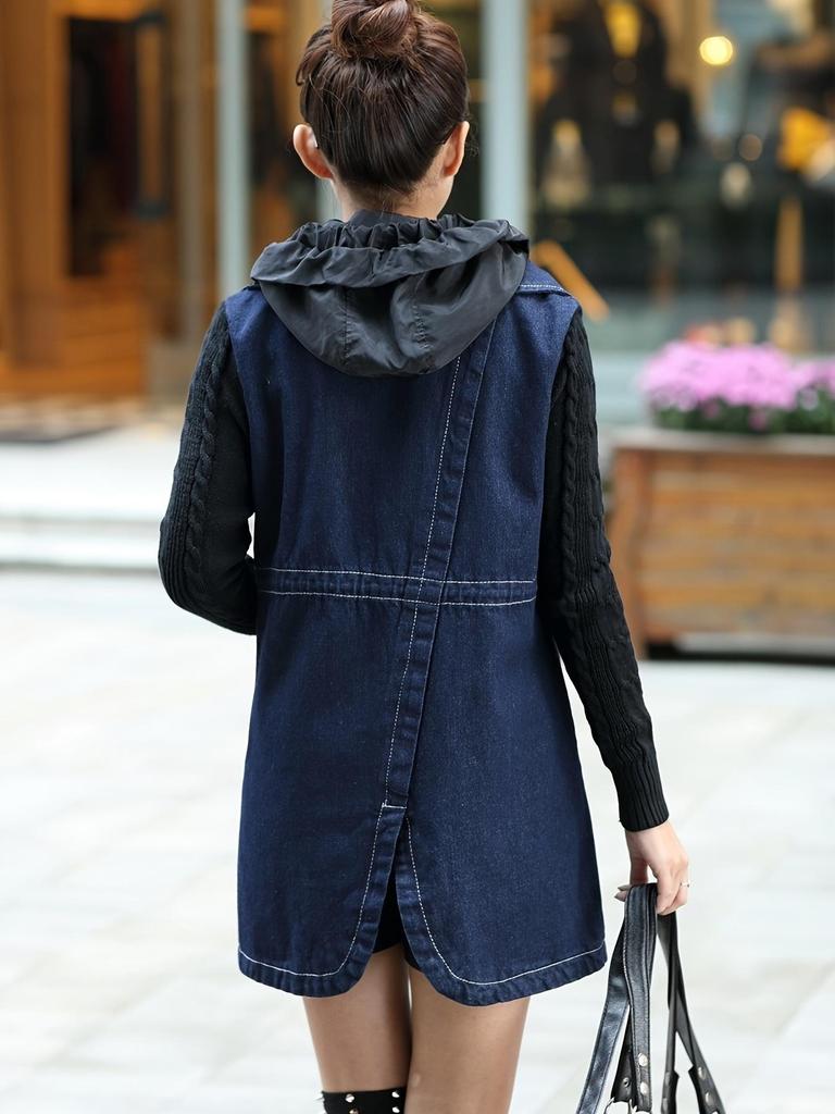 Real Shot Women's A-line Denim Windbreaker, Trendy Autumn-Winter Korean-Style, Mid-Length Plus Size, 36366