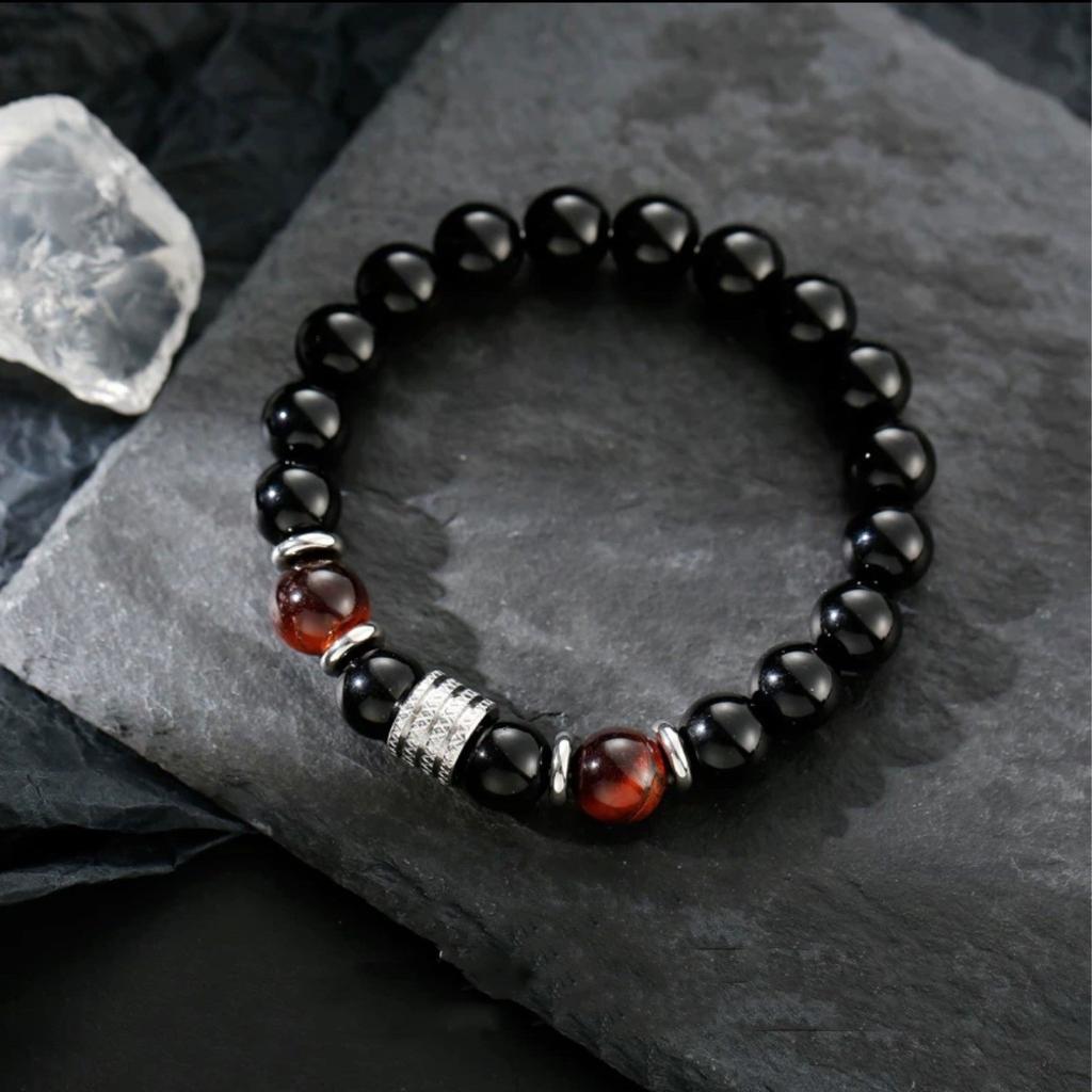 Frosted Map Stone Bracelet Men Double Layer Beads Titanium Steel Matching Wrist Jewelry