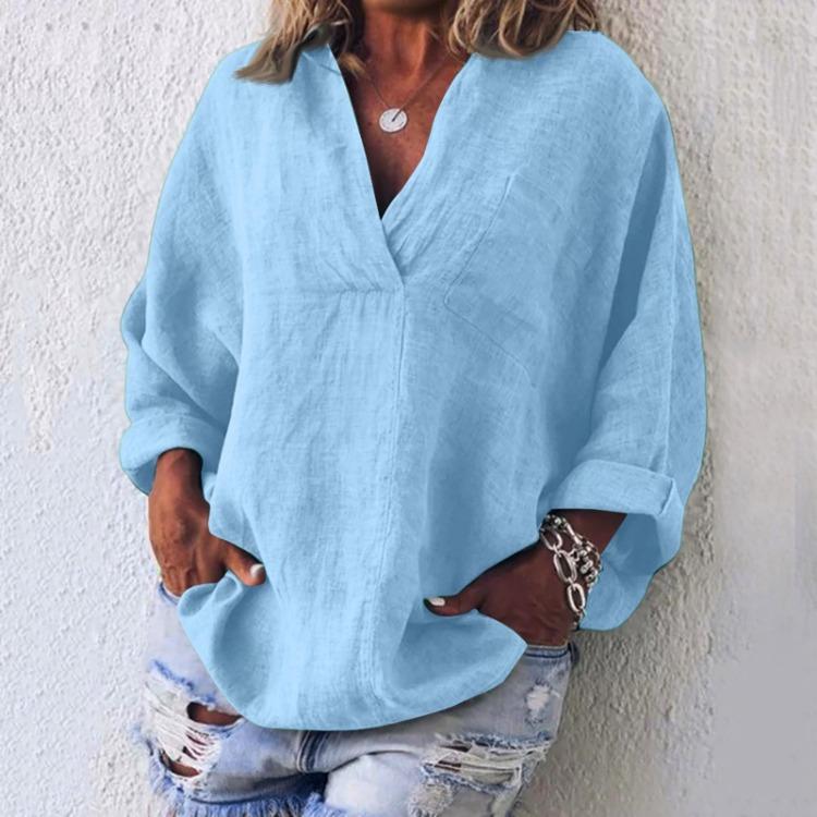 Lässiges Leinen Baumwolle V-Ausschnitt Langarm Pullover Top Damenmode