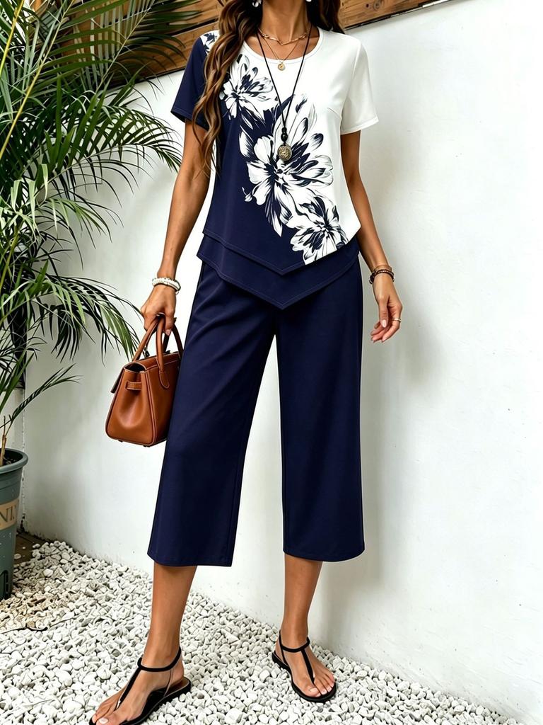 European and American Cross-border TK Amazon Temu2026 Summer Fashion Printing Irregular Top Cropped Pants Two-piece Set