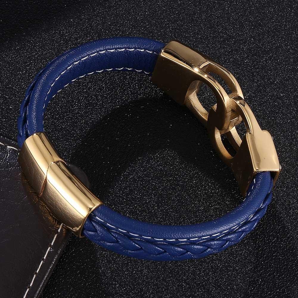 Punk Men Blue Leather Bracelet Stainless Steel Charm Bangles Gold Colour Handcuffs Fashion Jewelry Wristband BB0743