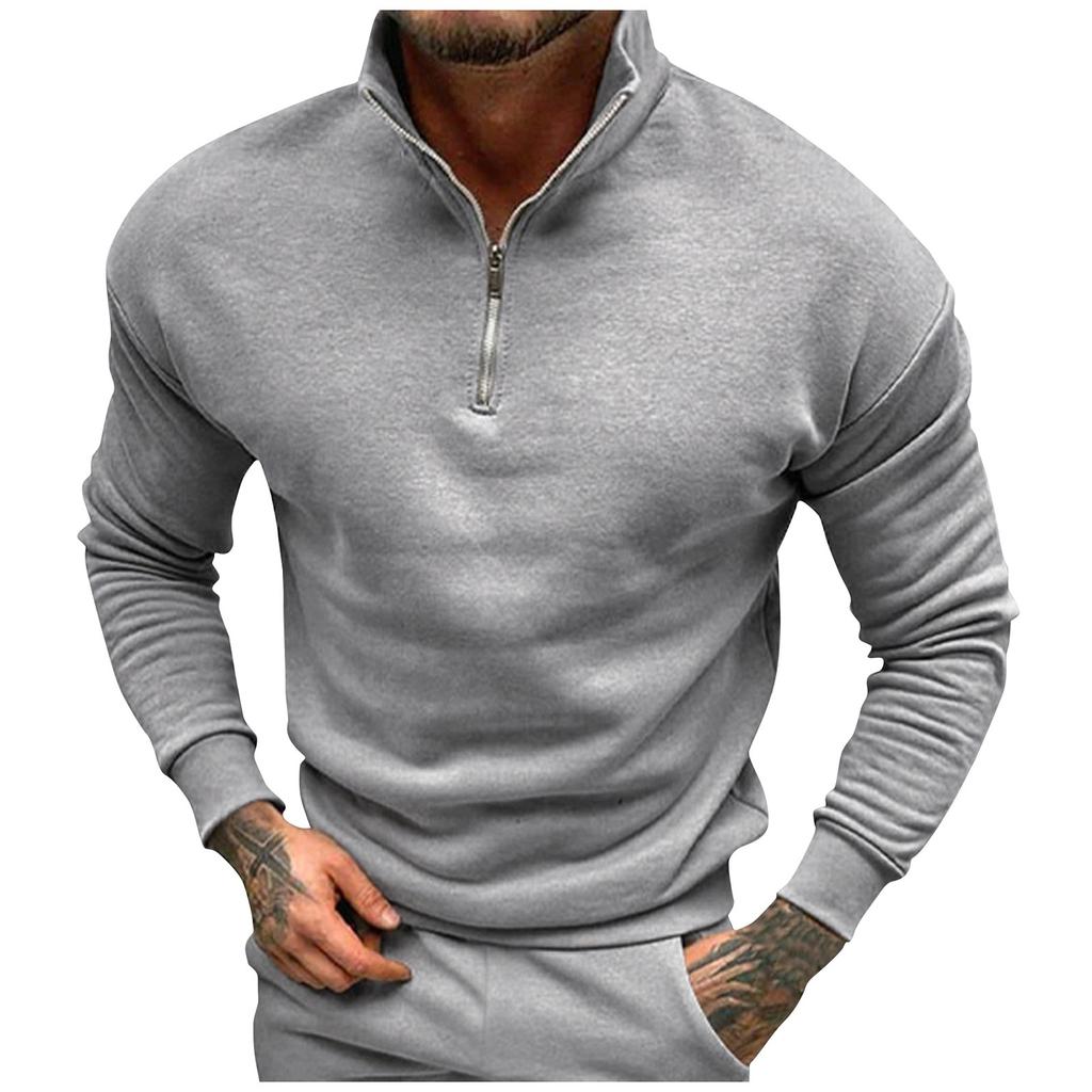 Men's Solid Color Plush Loose Half Zippered Standing Neck Hoodie Men's Casual Sports Hoodies