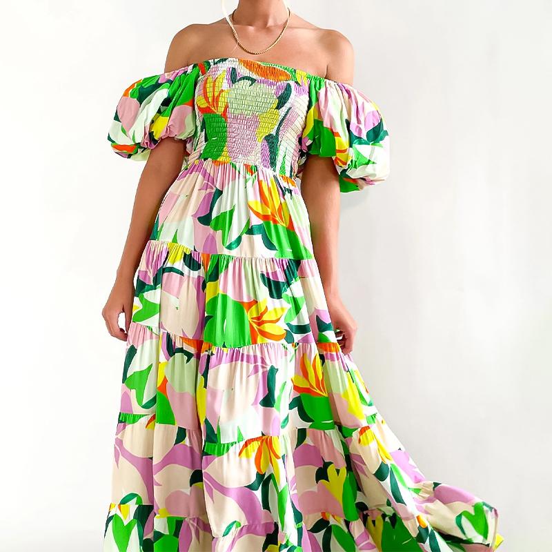 Damen Sommerkleid, Langes Kleid, Blumendruck, Puffärmel, elastisch, lockeres Sommerkleid bis zur Mitte der Wade