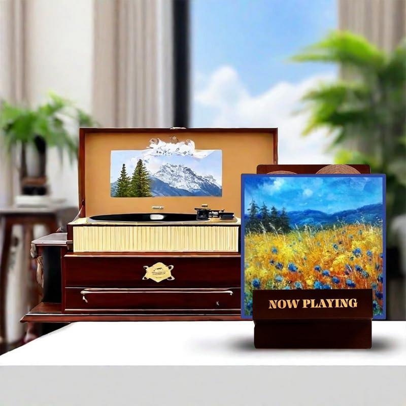 Wood Record Holder Now Playing Wood Record Stand Engraved Design Newspaper File Storage With Extended Base Stylish Album Storage