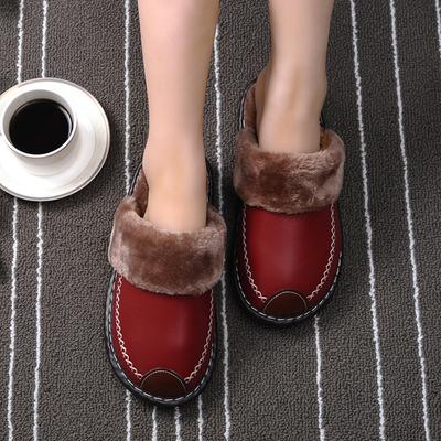 Zapatillas de hombre, zapatillas negras de invierno de cuero PU, pantuflas cálidas para interiores, zapatos impermeables para casa, zapatillas de cuero cálida para mujer