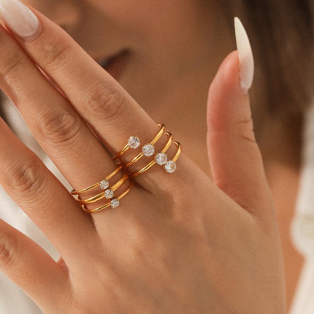 Three-layer Stainless Steel Ring Inlaid with Zircon, Light Luxury Versatile Titanium Steel Open Ring