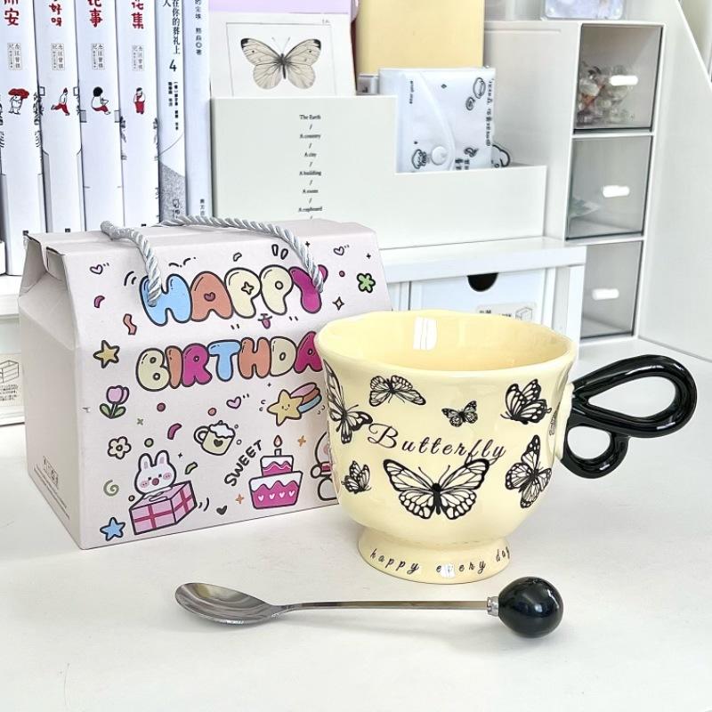 French Retro Butterfly Mug for Girls, High-end Coffee Cup, High-value Ceramic Water Cup, Birthday Gift for Girlfriends