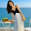 French Niche Black and White Splicing Contrasting Color Dark V-neck Suspender Dress Women's Summer Vacation Style Super Fairy Pleated A-word Long Dres