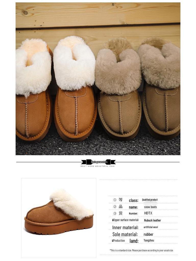 Women's Furry Leather Snow Boots - Thick Sole, Closed Toe, Non-Slip, Warm Slippers