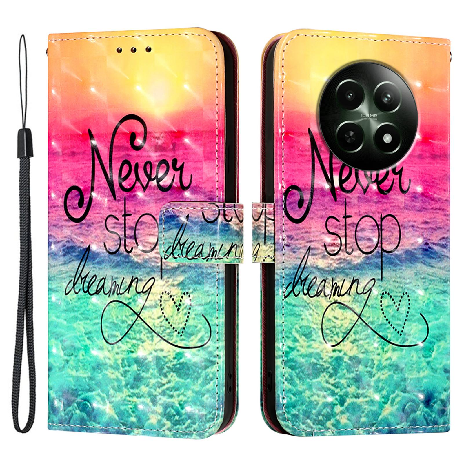 

Для Realme 12 5G Кожаный чехол с печатью рисунка Кошелек Подставка Мобильная обложка с ремешком Never Stop Dreaming