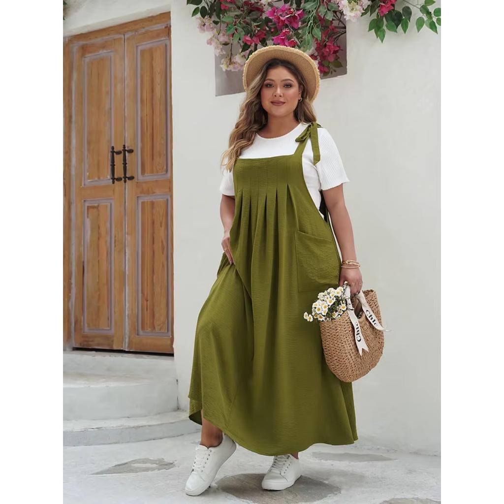 Plus Size Solid Tie Shoulder Overalls Dress For Women  Summer Casual Loose Sleeveless Maxi Long Dresses with Pockets