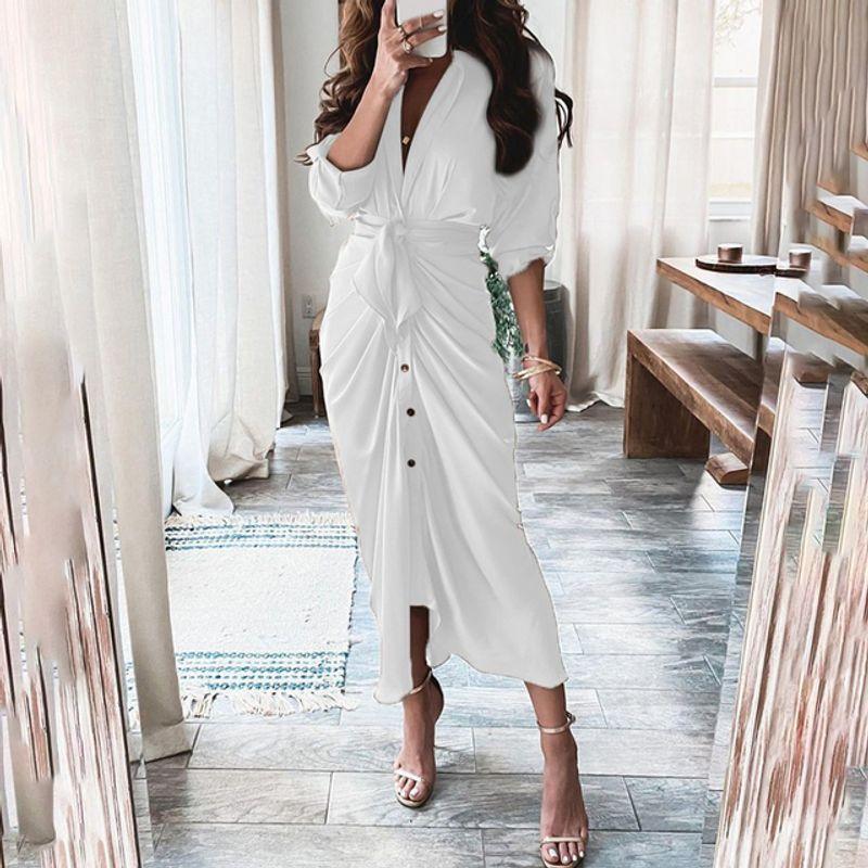 

V-neck Button Print Long Dress Woman V Neck Button Printed Long Dress Female White 2XL