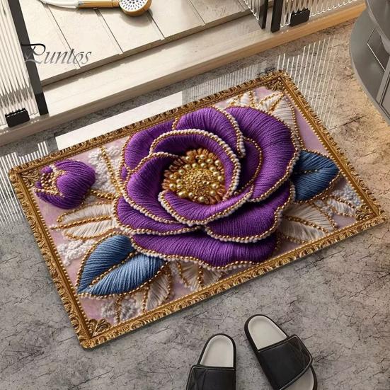 Door Clearance Rug Floor Mat Non-Slip Rubber Backing Absorbent Quick-Drying Bath Retro Low Profile Style 3D Flower Pattern Kitchen Shower Laundry Non