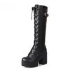Lace Up Knee High Boots Women's Fashion White Round Toe Square Heel Knight Boots Winter Platform PU Women Shoes Large Size 42 43