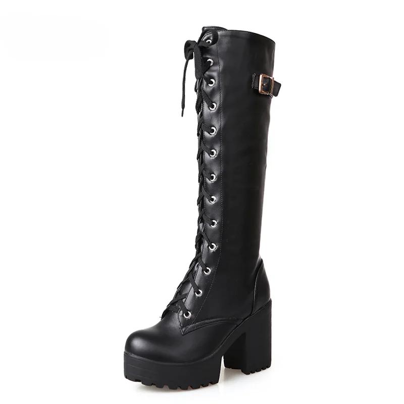 Lace Up Knee High Boots Women's Fashion White Round Toe Square Heel Knight Boots Winter Platform PU Women Shoes Large Size 42 43