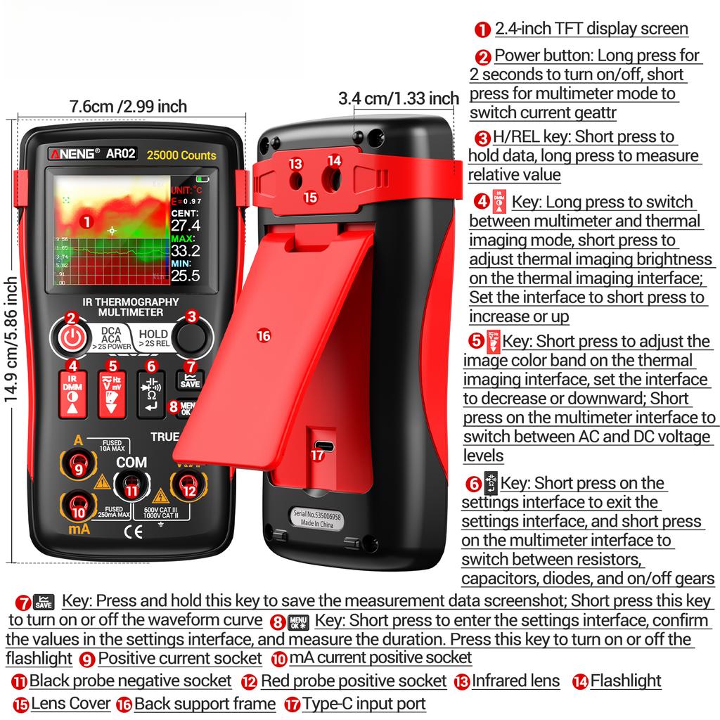 Professional ANENG AR02 Thermal Imaging Multimeters Digital Multimeter USB Type-c Charge 1000V 25000 Count Tester Multimetro TFT Display Tester Tools