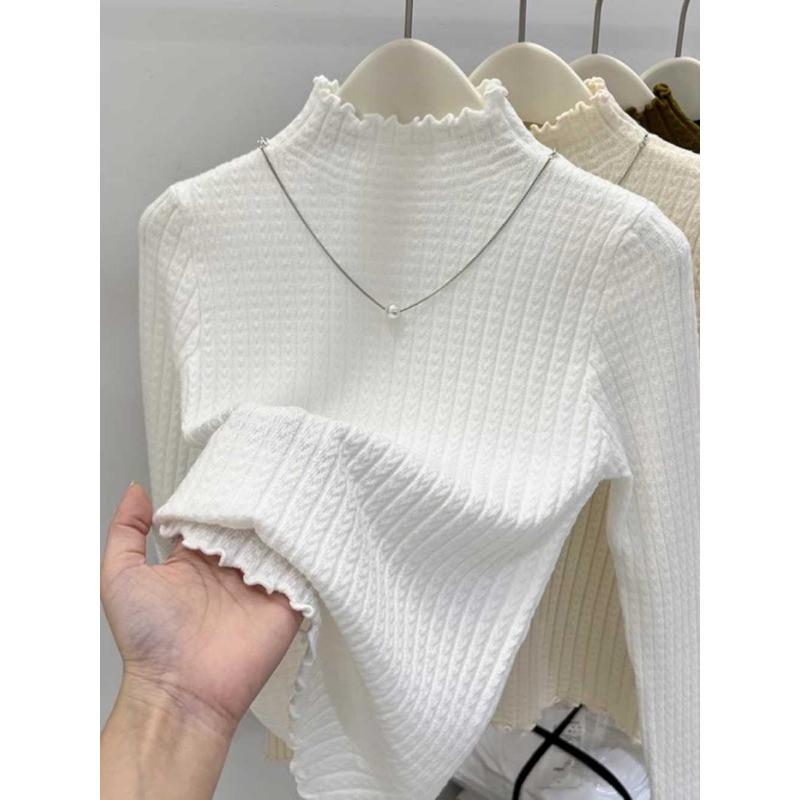 Autumn Winter Semi Turtleneck Knitted Pullover Women Sweater Casual Simple Bottoming Shirt Office Basic Pleated Solid Color Tops New Woman Clothing