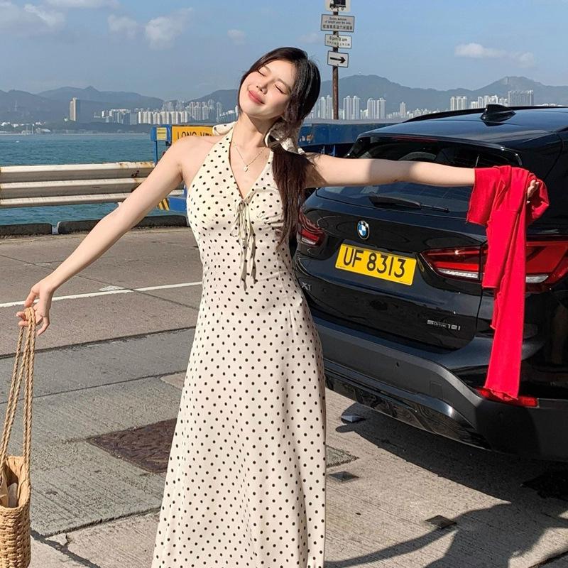 Women s Polka Dot Halter Neck Retro Summer Maxi Dress 2XL