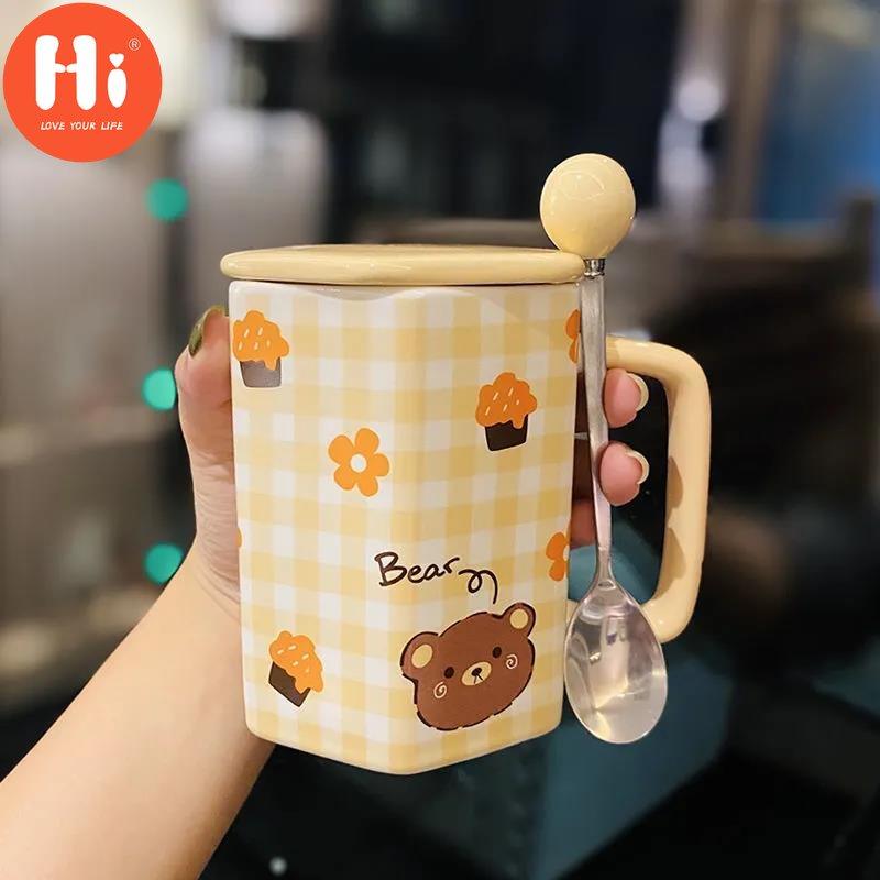 

Керамическая кружка Hi Ins Style для девочек в форме сердца с крышкой, ложка, милая соломенная чашка для воды, кофейная чашка, чашка для завтрака, молока, овсянки