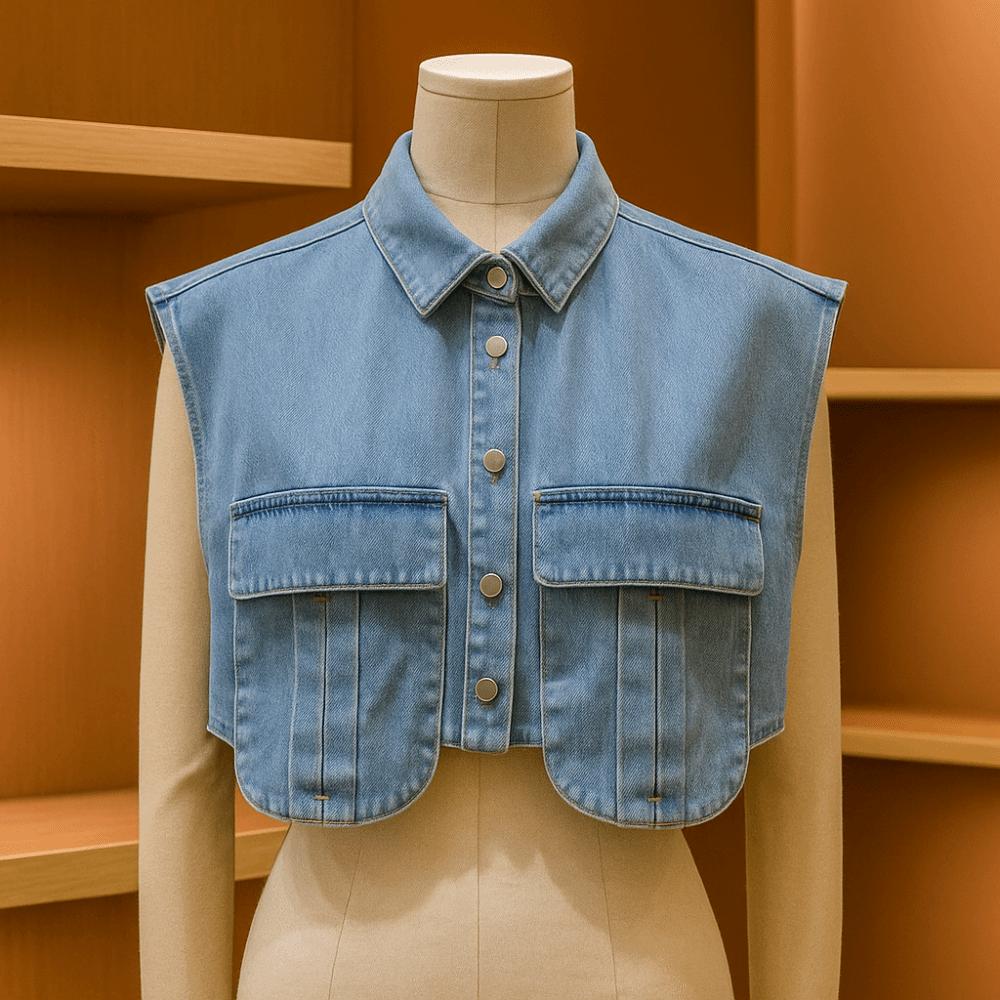 with Large Pocket Female Short Blouses Sleeveless Loose Denim Shirts Cropped Denim Shirt  Summer