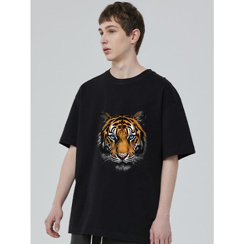 Black Tiger Face Print T Shirt For Men Casual Wear Street Style Fashion Top Tee With Bold Animal Design Perfect For Daily Outings