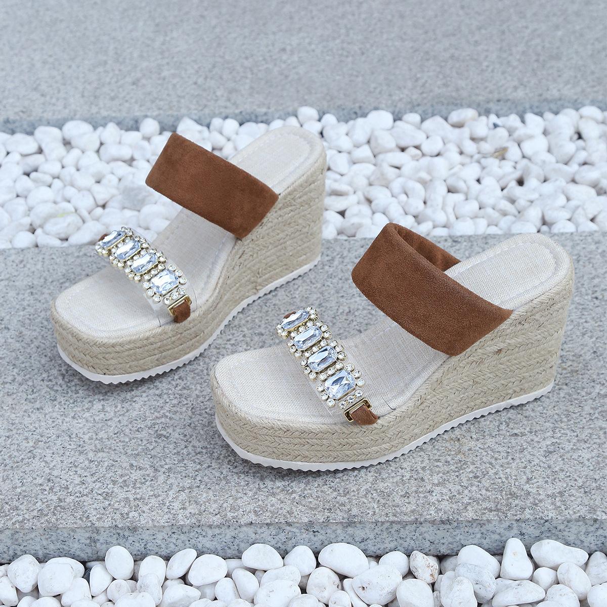 

Новые сексуальные соломенные плетеные тапочки на простой подошве, модные тапочки на танкетке со стразами и водонепроницаемым покрытием 42 темно-коричневого