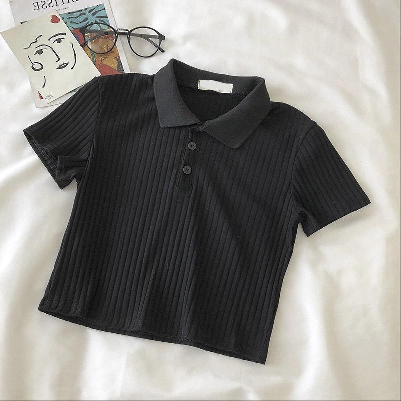 Women's Summer Ribbed Knit Polo Collar Slim Fit Top